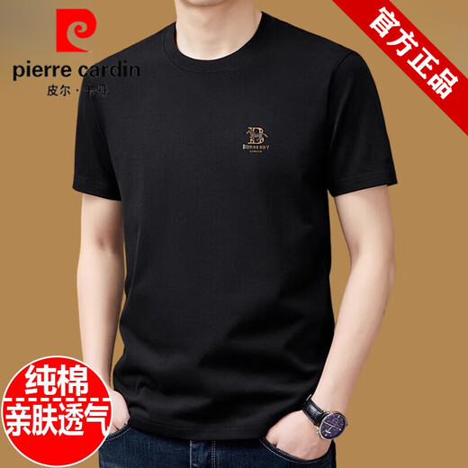皮尔卡丹（pierre cardin）纯棉短袖t恤男士圆领夏季2025新款体恤宽松上衣半袖男装潮T 黑色9929款 M 165建议90斤-120斤