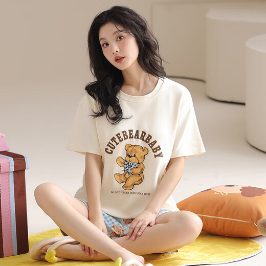 [纯棉][带胸垫]睡衣女夏款短袖短裤学生休闲可外穿家居服套装cker CKE-W6172-1A L