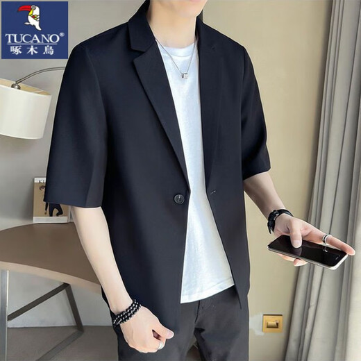 啄木鸟（TUCANO）结婚礼服微胖男生显瘦穿搭夏季短袖西服套装男大码半袖小西服男装 黑色西服+白色短T恤+黑色裤子 5XL 建议180-210斤穿