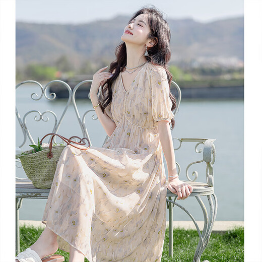 丝柏舍V领连衣裙2025夏装新女装时尚优雅泡泡袖印花气质中长裙