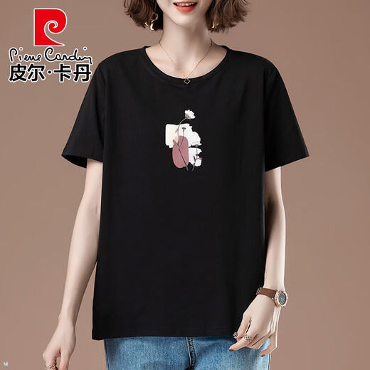 皮尔卡丹（pierre cardin）中年妈妈2025夏季短袖T恤女士百搭薄款宽松休闲胖肥显瘦百搭上衣 黑色【9896款】 XL 115-130斤