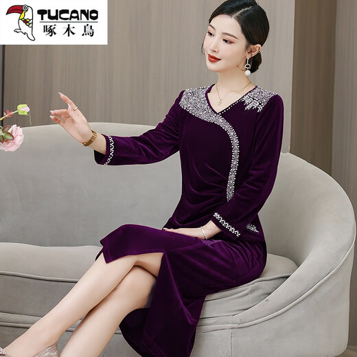 Woodpecker (TUCANO) mother's wedding dress, wedding banquet dress, high-end mother-in-law cheongsam 2025 new wedding dress velvet blue without velvet 3XL
