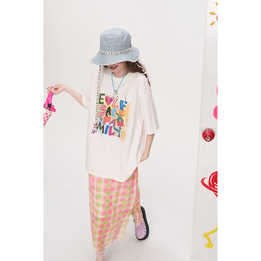 Fairy's Pocket Dopamine Chiffon Skirt Printed Short-Sleeved T-shirt Two-piece Suit Women's 2025 Summer New Letter Pink M
