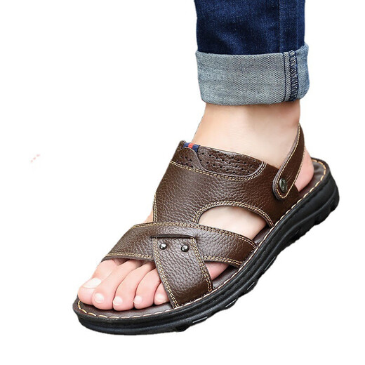 Huilirui 2025 new cowhide thick sole massage sandals men's genuine leather summer men's sandals casual beach shoes men 9928 brown 43