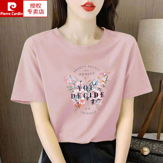 皮尔卡丹（pierre cardin）浅粉色纯棉短袖t恤女士宽松气质减龄印花半袖夏装2025年新款上衣 6195白色 短袖 M (建议80-105斤)