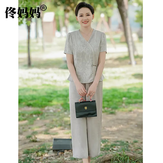 TULX Tong Mother's Women's Wear Mother's Day Mother's Summer Short Sleeve Suit Fashionable Small Shirt Middle-aged Women's Wear Two-Piece Set 761 Silver Gray XL (90Jin[Jin is equal to 0.5 kg]-105Jin[Jin is equal to 0.5 kg])
