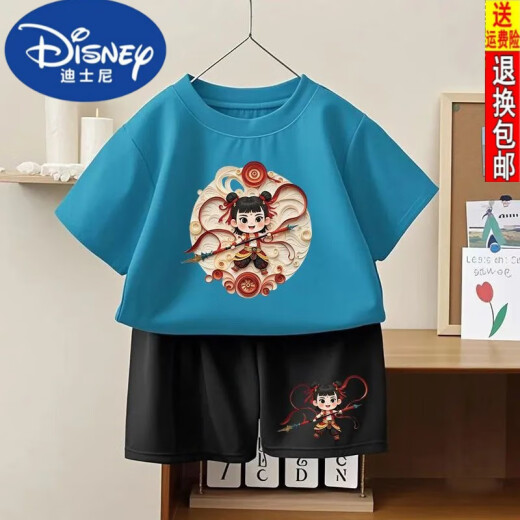 迪士尼哪吒之魔童闹海男童女童纯棉短袖25新款夏季新款儿童短裤套装两件 1092#后包T白+小1098#黑短裤 90