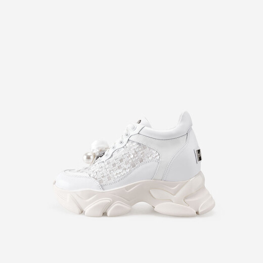 IiJin 2024 new style 9.5cm thick sole inner heightening breathable mesh sequin flower casual dad shoes for women YF677RAM white 36