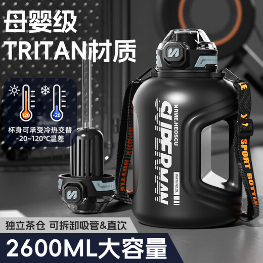 NRMEi Sports Kettle Large Capacity Tons of Tea Water Separating Dayton Cups Tritan Men and Women Summer High Temperature Resistant Straw Cups Matte Black Double Drink + Rope + Strap 2600ml