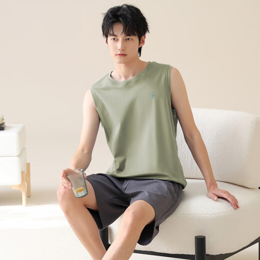 Modal simple pijama de algodón puro simple para hombres, pantalones cortos de chaleco sin mangas de verano delgados de algodón de algodón se puede usar ropa de hogar cómoda fuera de Omm13657 hombres l -