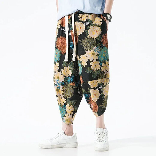 Wanjun Pantalon recadré pour hommes et ethnique chinois pantalons décontractés imprimés pantalons larges lâches