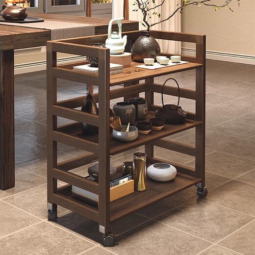 Mansfield solid wood movable tea cabinet storage rack new Chinese tea rack wooden rack display rack small ancient rack tea room cabinet imported pine wood light walnut three layers 40CM (free 4 silent universal wheels)