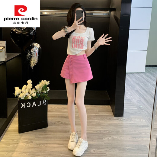 皮尔卡丹（pierre cardin）粉色排扣装饰休闲牛仔短裤女高腰显瘦假两件包臀裤裙短上衣两件套 7029白色上衣+7028玫红牛仔裙 S