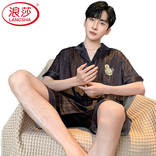 浪莎（LangSha）轻奢男士睡衣夏季冰丝短袖裤纯色黑色夏天薄款男生仿真家居服套装 12532【云朵棉绉布款】 L (建议身高170左右体重100-1