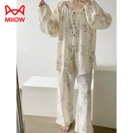 猫人（MiiOW）国风感竹叶印花双层棉纱睡衣女秋季纯棉舒适家居服大码两件套 2F695套/装100%优质/棉纱】 M (建议95~110斤)