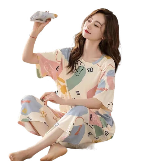 Fhhuabd-Pyjamas für Frauen im Sommer kurzärmeligte Hosen, die losen Frühlings- und Sommer-Kleidungsstücken draußen zu Hause tragen können. Kurzärärmelte geschnittene Hosen 684 M 80-95 Jin [Jin entspricht 0,5 kg]