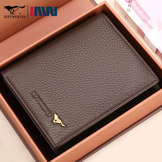 
Seven Wolf Men's Wallet Genuine Leather Short Wallet 2025 New Leather Bag Head Layer Cowhide Dad Card Bag Metal Label-Brown Color [Gift Box]