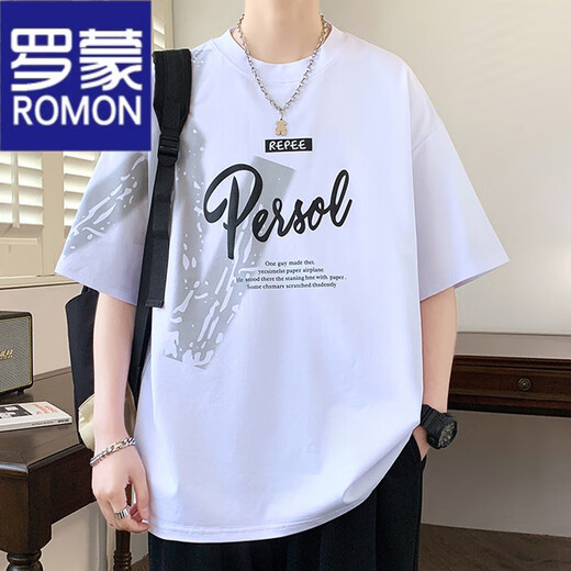 罗蒙（ROMON）短袖男士t恤潮流印花体恤衫高端休闲半袖宽松凉感打底衫夏季衣服 693青色 M 约80-100斤可穿