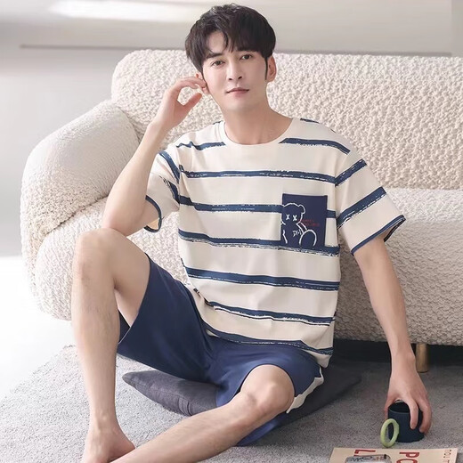Modal solid color cotton pajamas men's summer short-sleeved teenagers thin cotton summer large-size home clothes pajamas set D1990 (A679) M (recommended 80-115Jin [Jin equals 0.5 kg])