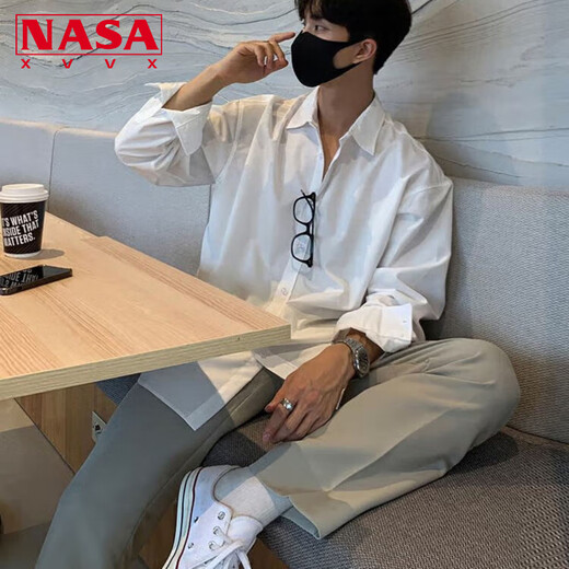 NASA XVVX潮牌韩版垂感白衬衫男士长袖高级感冰丝宽松春秋内搭正装西装衬衣 白色 XL