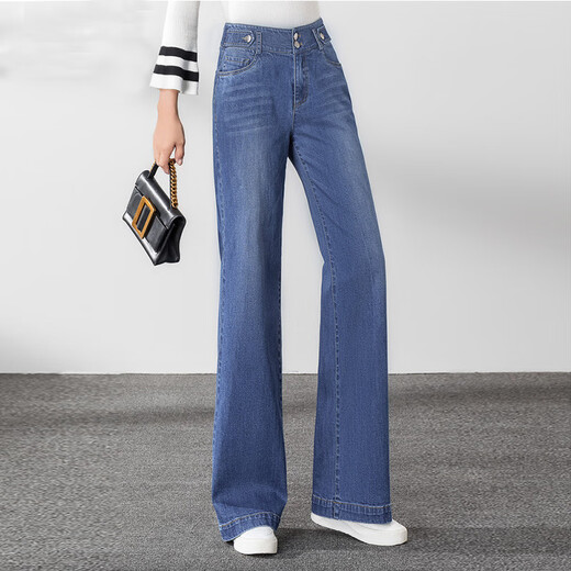 S. SOFEA hohe Taille gerade Jeans für Frauen lose Bodenhosen 2025 Federstil [3886] Denim Blue Hosen 28 [2 Fuß 1]