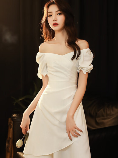 婉览领证登记白色小晚礼服平时可穿小个子宴会气质法式订婚连衣裙夏季 952  白色 S