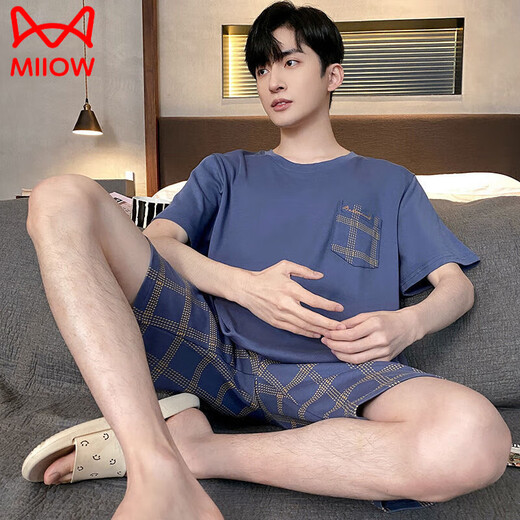 
Catman (MiiOW) pure cotton pajamas men's summer short-sleeved shorts two-piece suit new youth loose large size can be worn outside home clothes 2013 main picture model 9922 M 80-100