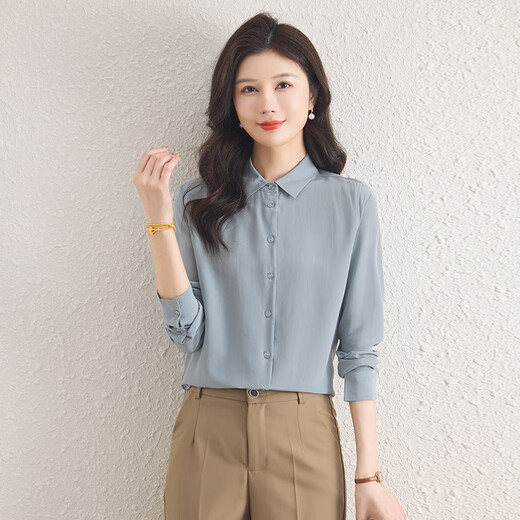 Wanfu Yilan silk shirt for women 100% mulberry silk 2026 spring and summer shirt square collar casual loose bottoming shirt blue 2XL