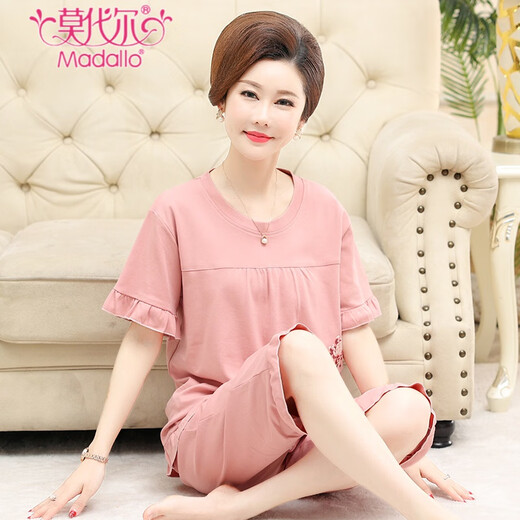 莫代尔睡衣女士薄款夏季纯棉短袖七分裤中年妈妈圆领全棉大码家居服套装 6626# 开衫套装 M 建议80-100斤
