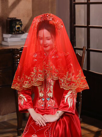 Sen uses red hijab bride wedding hijab red veil Xiuhe suit high-end hijab wedding gauze Chinese style translucent red (gold branches and jade leaves) lace hijab 100cm-135cm