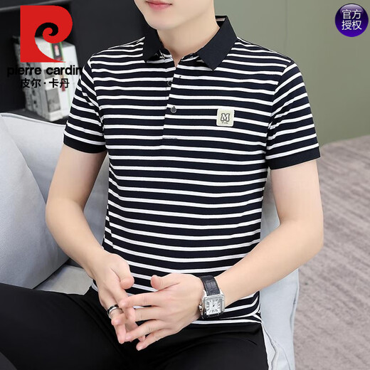 皮尔卡丹夏季翻领男士短袖t恤纯棉潮流条纹休闲风polo衫半袖帅气百搭体恤 白色 QY753 L