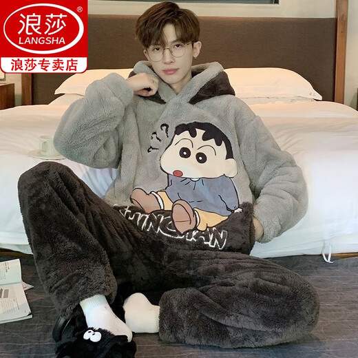 浪莎（langsha）男士睡衣男珊瑚绒冬季学生卡通宽松冬天法兰绒加厚加绒家居服套装 *ZS*9903【双面长毛绒套装】 M 小号(75-95斤)