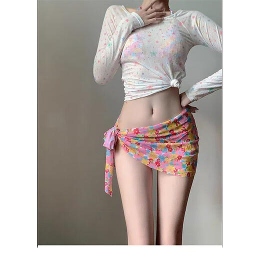 巧丂比基尼女泳衣泡温泉性感显瘦分体保守四件套纯欲长袖防晒度假泳衣 粉色四件套泳衣（70-120斤）