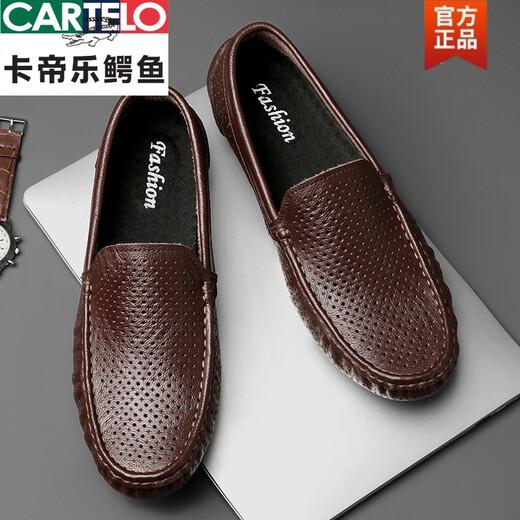 Cartelo Bean Shoes's Men's Summer en cuir en cuir creux en cuir britannique British British Business Sandale Soft Sole Driving Driving Lazy Chaussures 9901 (respirant) Brown 38 [Taille de chaussure en cuir standard]