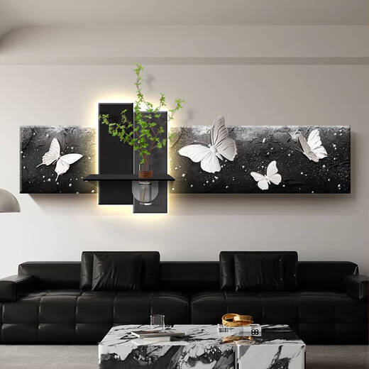 咏幻黑白格调客厅装饰画水培花瓶绿植发光灯画感沙发背景墙挂画 277620 千蝶赴卉 18060LED灯画带充电宝+遥控+声