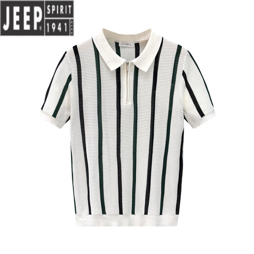 
JEEP SPIRIT sense half zipper lapel short-sleeved sweater for men stripes contrasting sweater versatile casual half-sleeved men's top white 3XL
