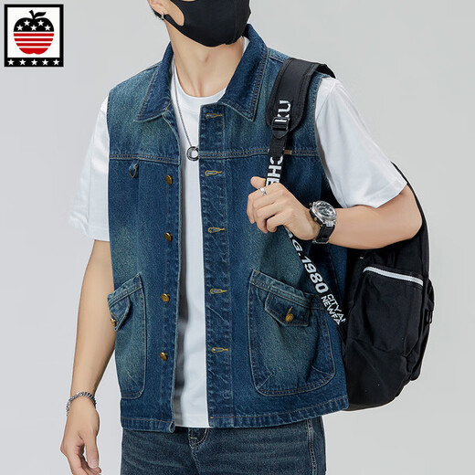 Aemape Apple Light Color 2025 Nuevo chaleco de mezclilla hombres sueltos de gran tamaño retro Horse Clip Workwear Chaqueta de marca moderna Men 6231# Retro Blue L (sugerido 130-145Jin [Jin equivale a 0.5 kg])