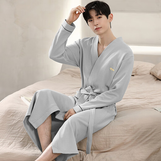 Shantou Lincun Waffle Bathroom Men's Spring and Autumn Pure Cotton Medium-length Men's Nightgown 2025 New Water-absorbing Integrated Yukata LJ16822 M Size [Weight 100-120Jin [Jin equals 0.5 kg]]