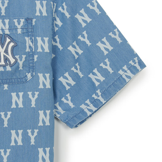 MLB Children's Official Boys and Girls Trendy Luxurious and Fashionable Lapel Full Print Presbyopic Denim Shirt Spring and Summer Style Blue 140 cm