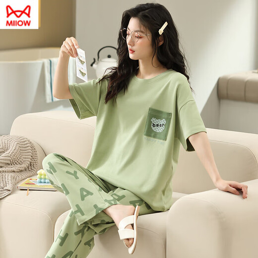 Cat man pure cotton pajamas for women in spring and summer short-sleeved trousers casual loose women Korean style home clothes for autumn wear suit T-9720 (short-sleeved trousers) M (85-105Jin [Jin equals 0.5 kg])