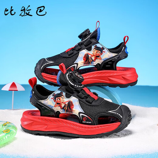 Бимуба (pimpa) Nezha Boys 'Boys Sandals 2025 Summer New Children's Hetabless Soft Sole не скользящая начальная школа для мальчика пляжные туфли M983 Черно-красные 36