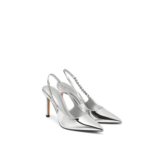 
CHARLES/KEITH texture chain pointed toe high heel sandals for women's shoes birthday gift for girls CK1-60280377 Silver silver 37 (235)