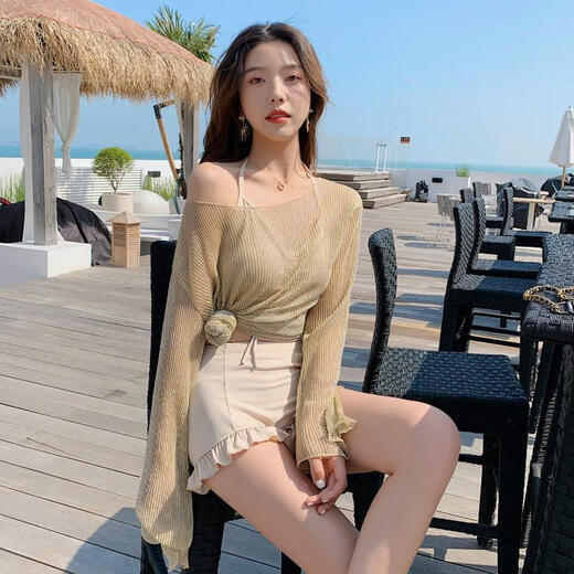 NJSKAKW泳衣女韩国ins性感分体平角比基尼三件套长袖舒适仙女范学生泳装 9717白加黑 S