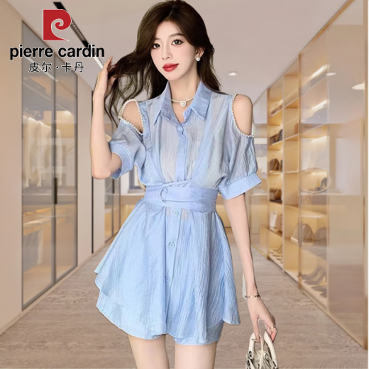 皮尔卡丹（pierre cardin）天丝大码女衬衫小个子新款钉珠套装宽松露肩时尚防晒短裤两件套 AA878天鹅黑【套装】 2XL