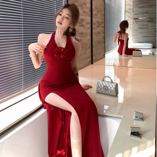 Glühen-in-the-Gloss-Nackenkleid für Frauen im Sommer schlanker Kleid für Frauen, reine hüftrüttende und geschlitzte Hüftrock, sexy V-Neck-Rock, halber Hüftrock [rot L] 110-120jin [Jin gleich 0,5 kg]