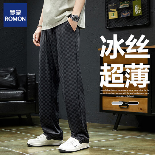 罗蒙（ROMON）棋盘格裤子男士夏季薄款2025新款冰丝运动速干宽松阔腿直筒休闲裤 9905黑色 M (28-29码)