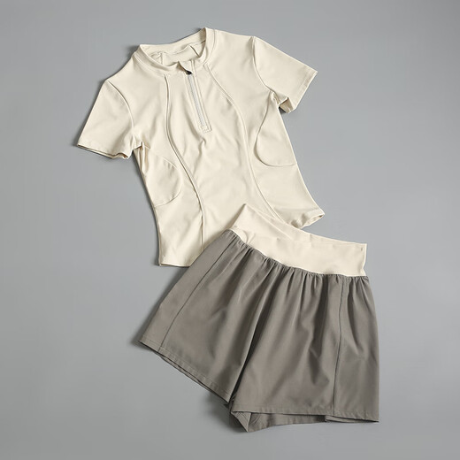 LULU Lulu Sportswear Suit Women's Summer New Quick-Drying Fashion Internet Celebrity Pilates Training Fitness Running Yoga Ivory White + Khaki L