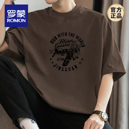 罗蒙（ROMON）260g重磅纯棉短袖t恤男宽松圆领上衣服美式潮牌半袖夏装体恤 M09-723铁灰色 M 【100-120斤】