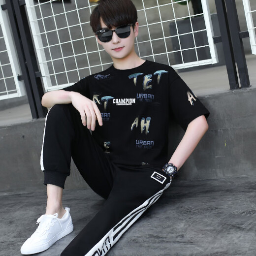Saiyou Junior High School Students Short-sleeved Teenager Cotton T-shirt Boy Junior High School Students 12-16 Years Old Sports Set is Handsome 9226 White Blue [Set] S About 60-75 Jin [Jin equals 0.5 kg]