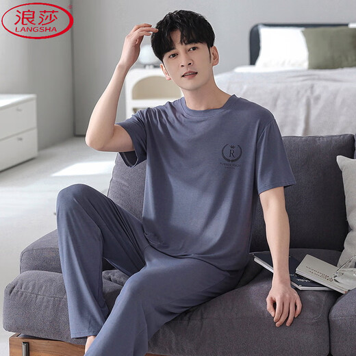 LangSha (LangSha) extra large size men's modal pajamas plus fat pajamas summer thin loose casual home clothes short-sleeved trousers suit ALS9905 L men [100-125Jin [Jin equals 0.5 kg]]